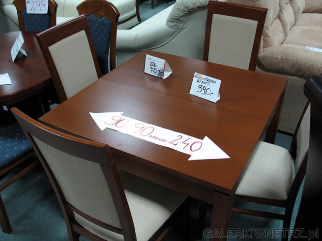 Stół Conti 90x90 cm, rozkłada się do 240 cm. Krzesła z obiciem są estetyczne ...