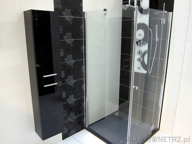 Niewielka kabina z fantazyjnym panelem prysznicowym, dopasowanym do koloru kafelek. ...